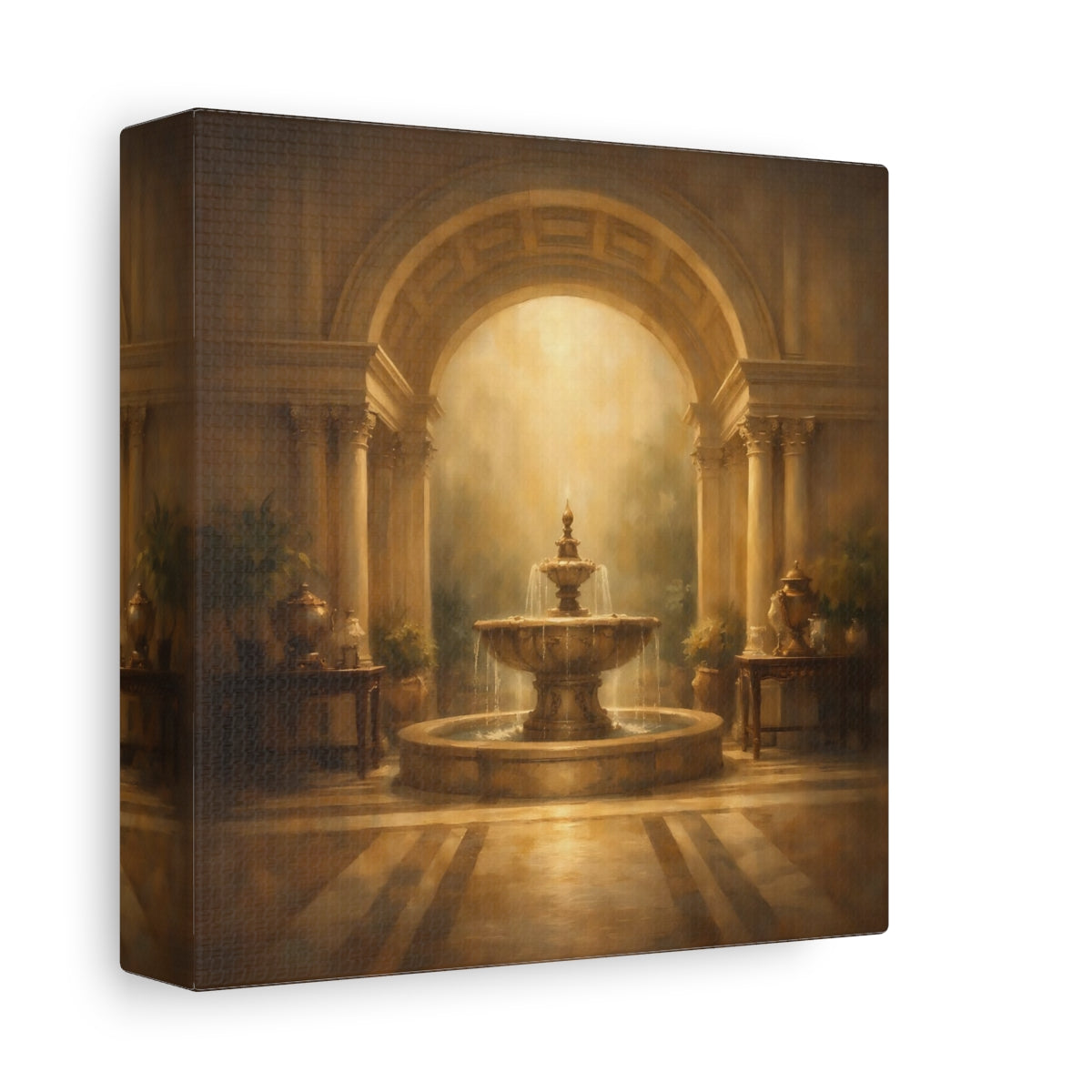 Side Mockup 1. Vintage Ornate Fountain Golden Fountain shown as stretched canvas wall art