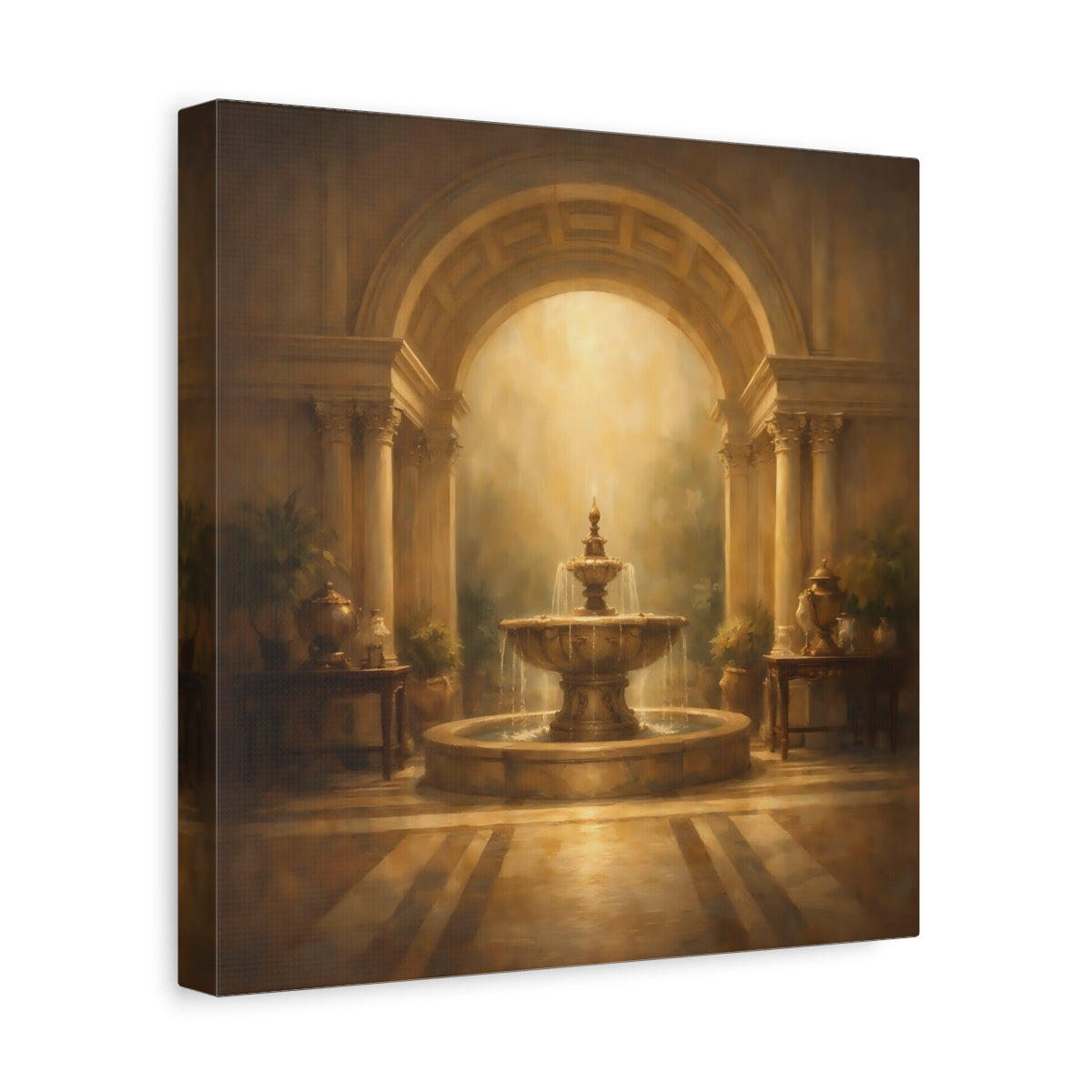 Side Mockup 8. Vintage Ornate Fountain Golden Fountain shown as stretched canvas wall art