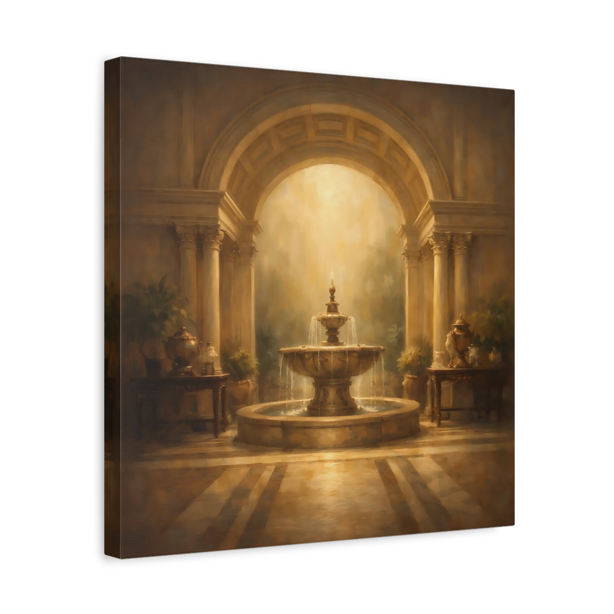 Side Mockup 6. Vintage Ornate Fountain Golden Fountain shown as stretched canvas wall art