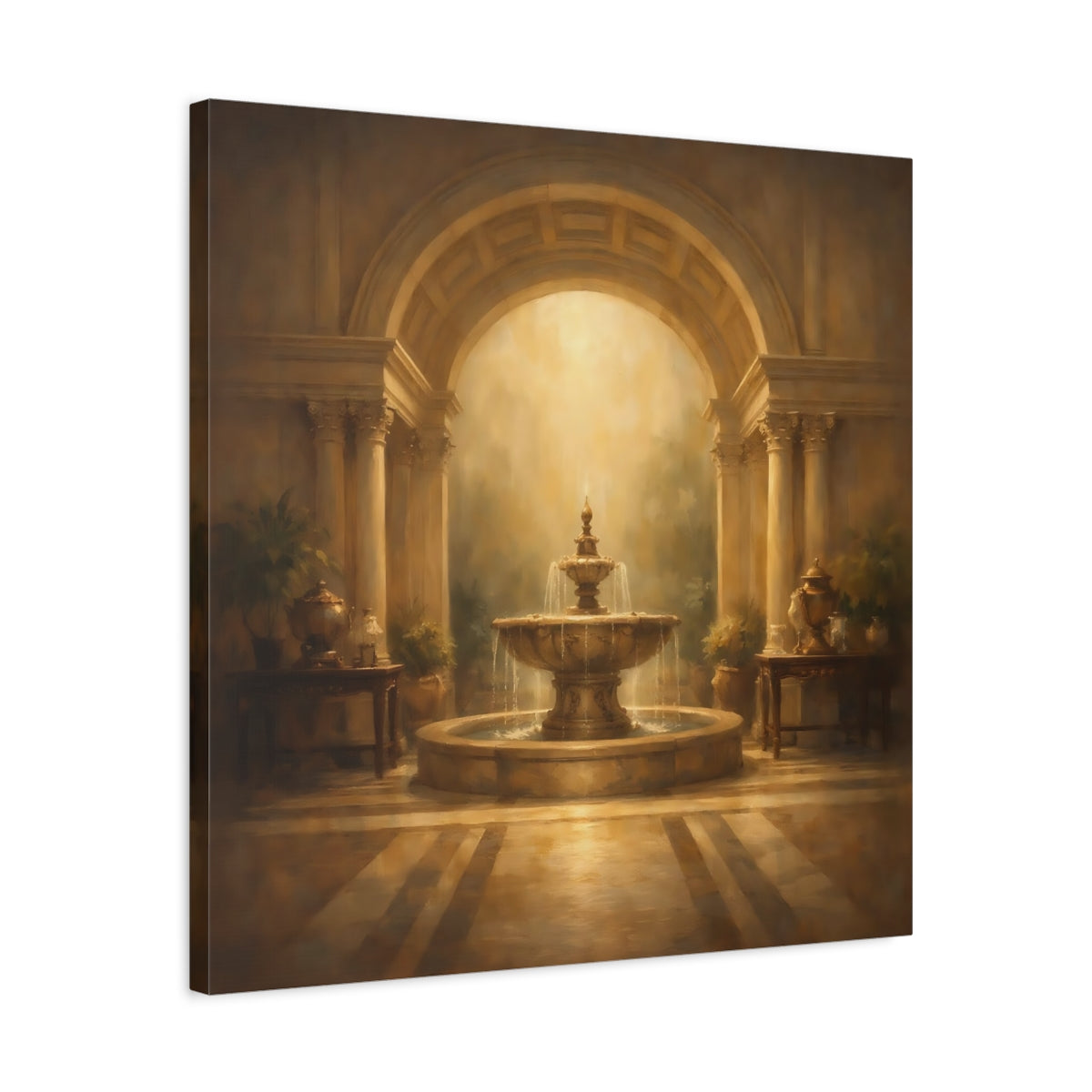 Side Mockup 4. Vintage Ornate Fountain Golden Fountain shown as stretched canvas wall art