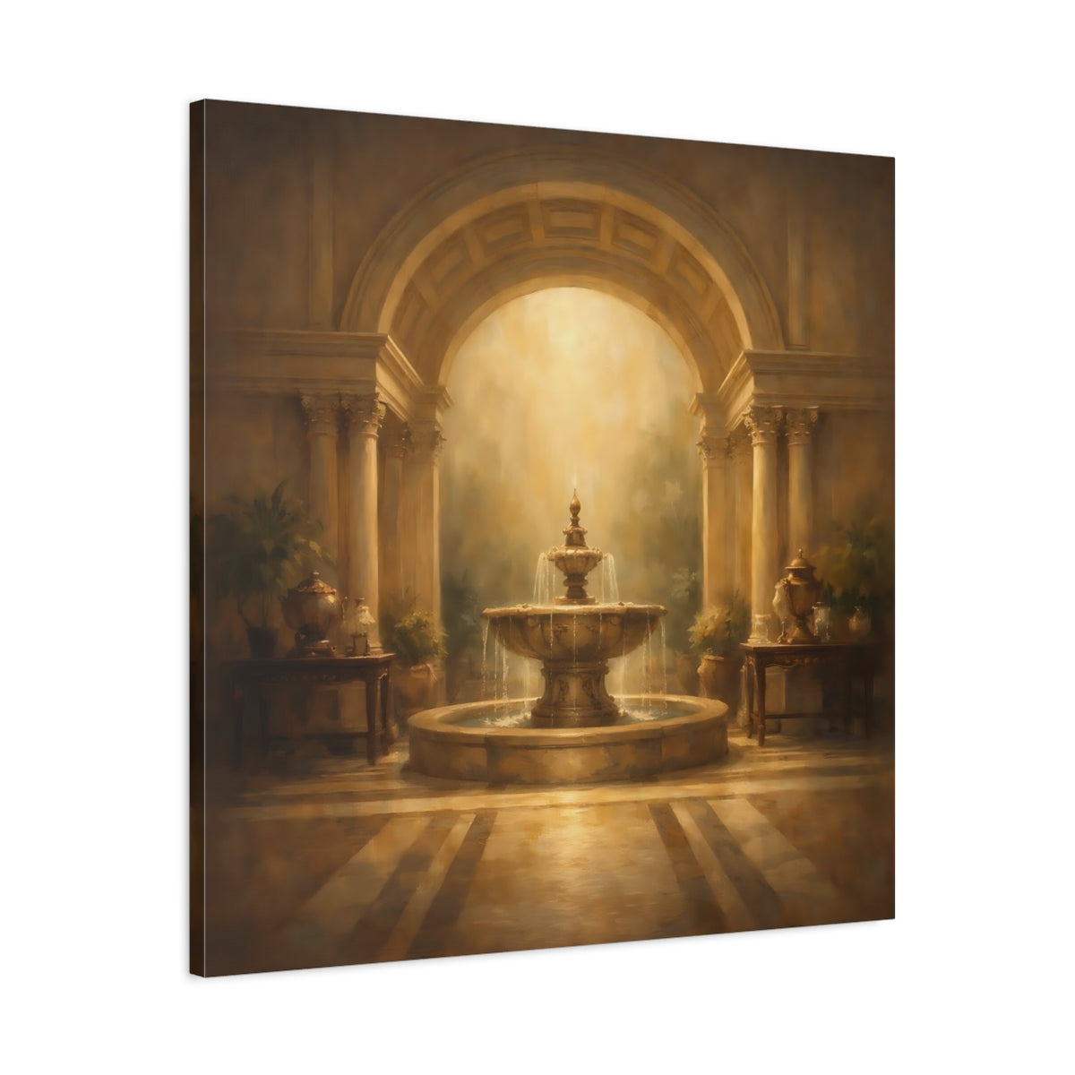 Side Mockup 3. Vintage Ornate Fountain Golden Fountain shown as stretched canvas wall art