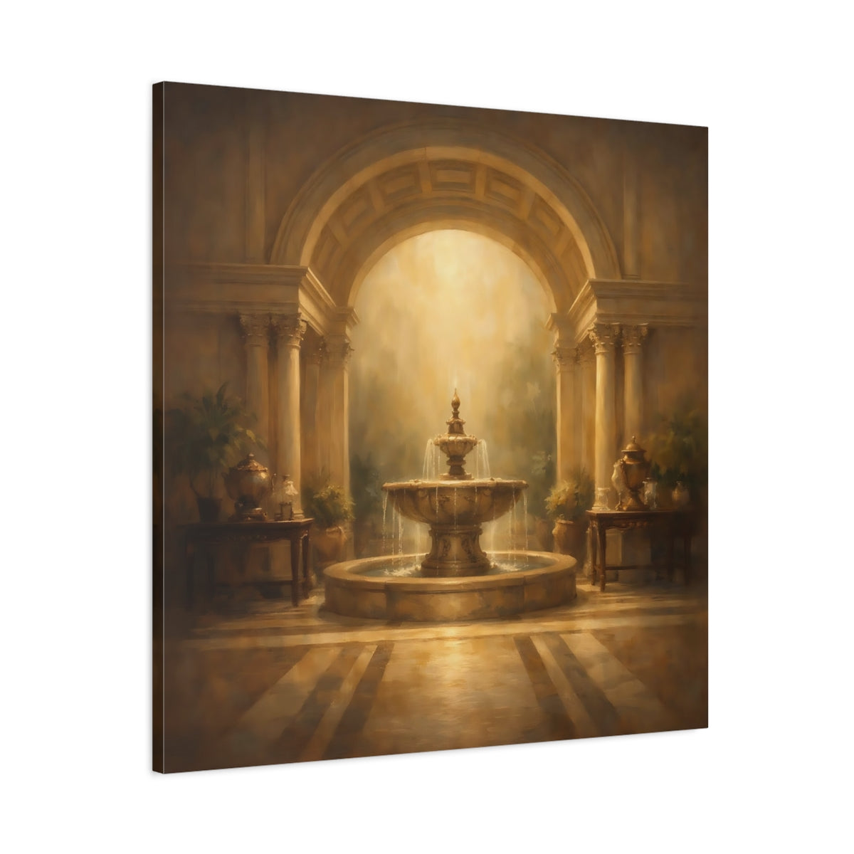 Side Mockup 2. Vintage Ornate Fountain Golden Fountain shown as stretched canvas wall art