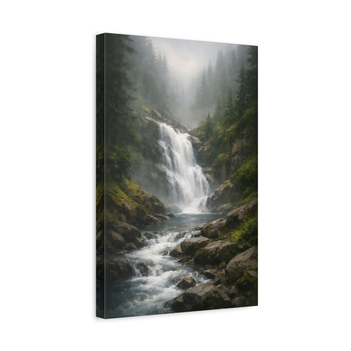 Side Mockup 4. Nature Waterfall Green And Grey shown as stretched canvas wall art