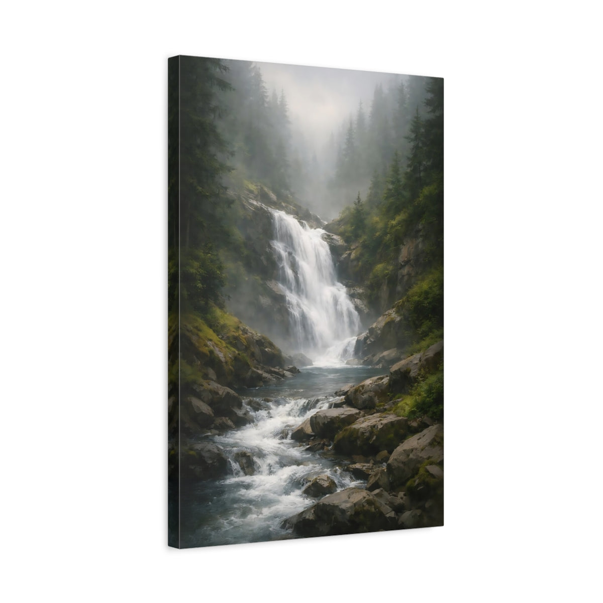 Side Mockup 3. Nature Waterfall Green And Grey shown as stretched canvas wall art