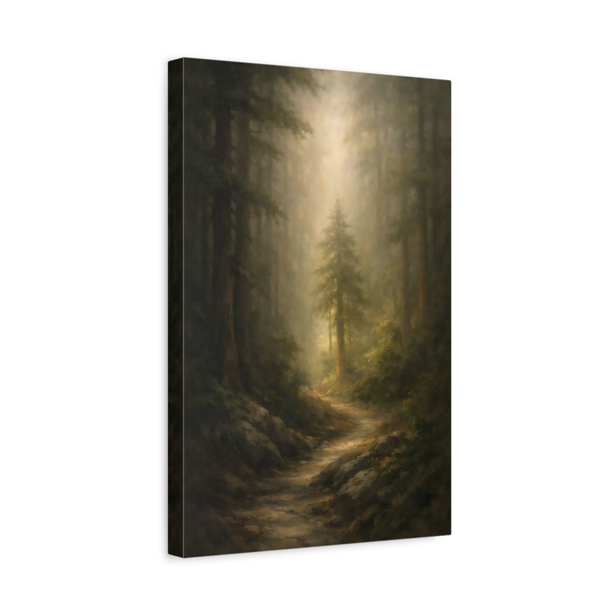Side Mockup 4. Nature Forest Path Green And Gold shown as stretched canvas wall art