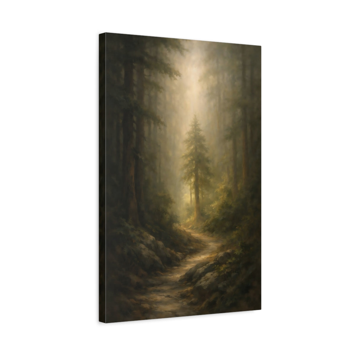 Side Mockup 3. Nature Forest Path Green And Gold shown as stretched canvas wall art