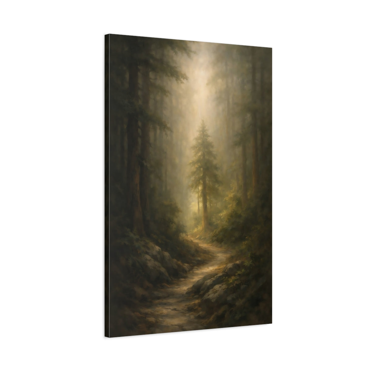 Side Mockup 1. Nature Forest Path Green And Gold shown as stretched canvas wall art