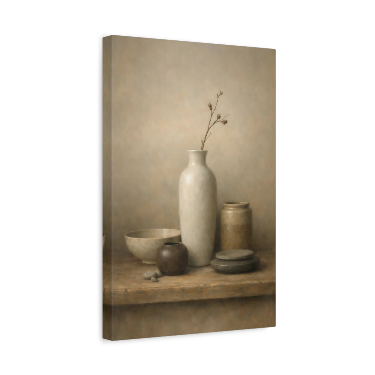 Side Mockup 4. Nature Earthenware Vessels Brown And Beige shown as stretched canvas wall art