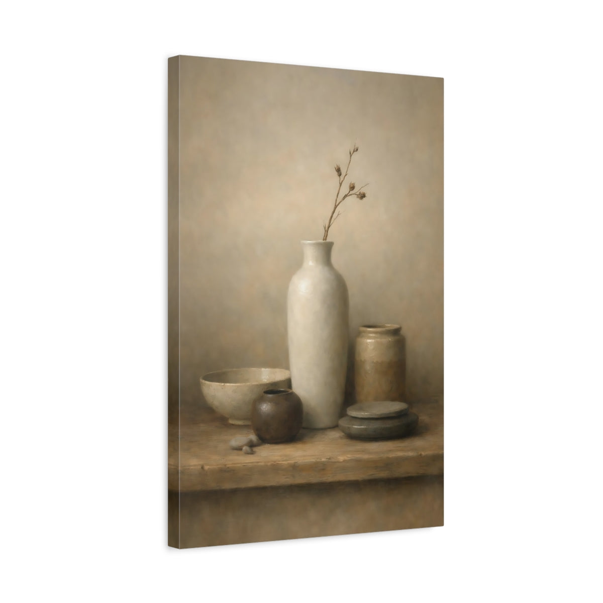 Side Mockup 3. Nature Earthenware Vessels Brown And Beige shown as stretched canvas wall art