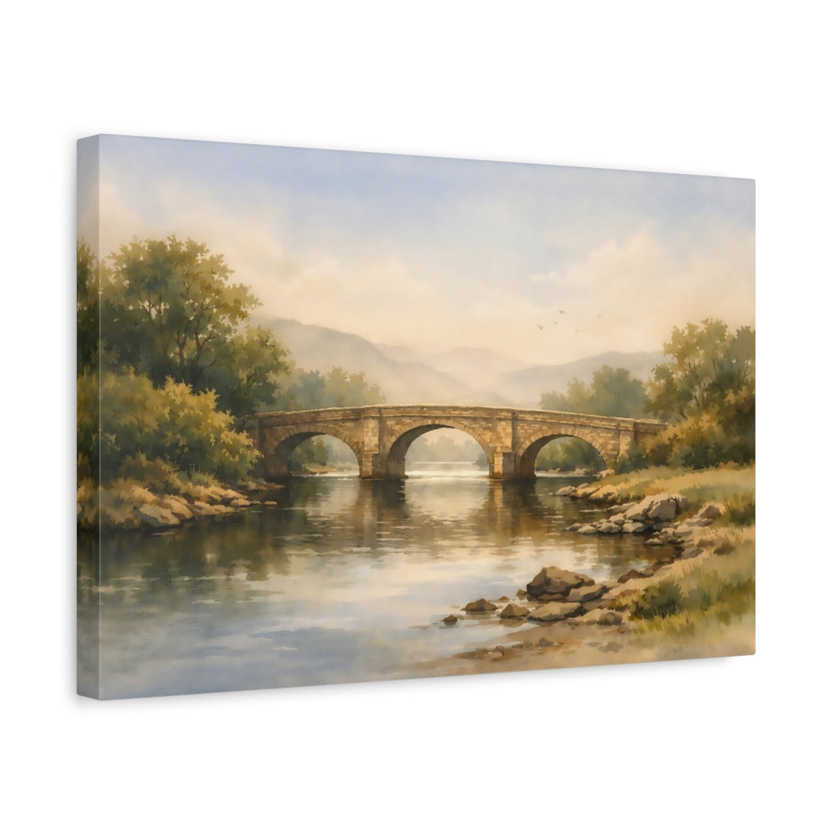 Side Mockup 4. Watercolor River Bridge shown as stretched canvas wall art