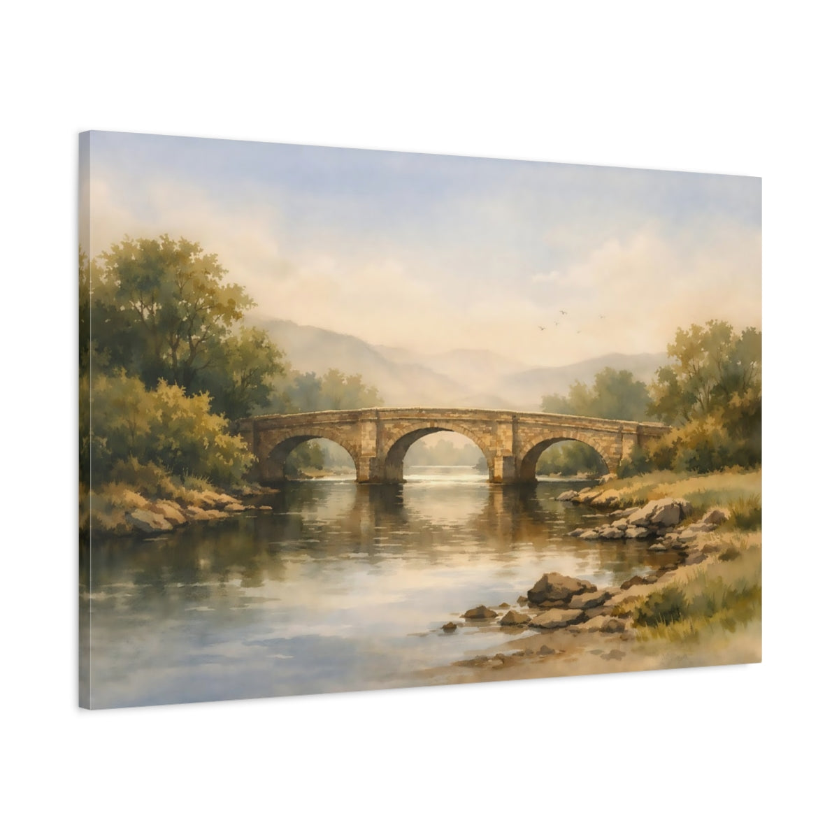 Side Mockup 1. Watercolor River Bridge shown as stretched canvas wall art