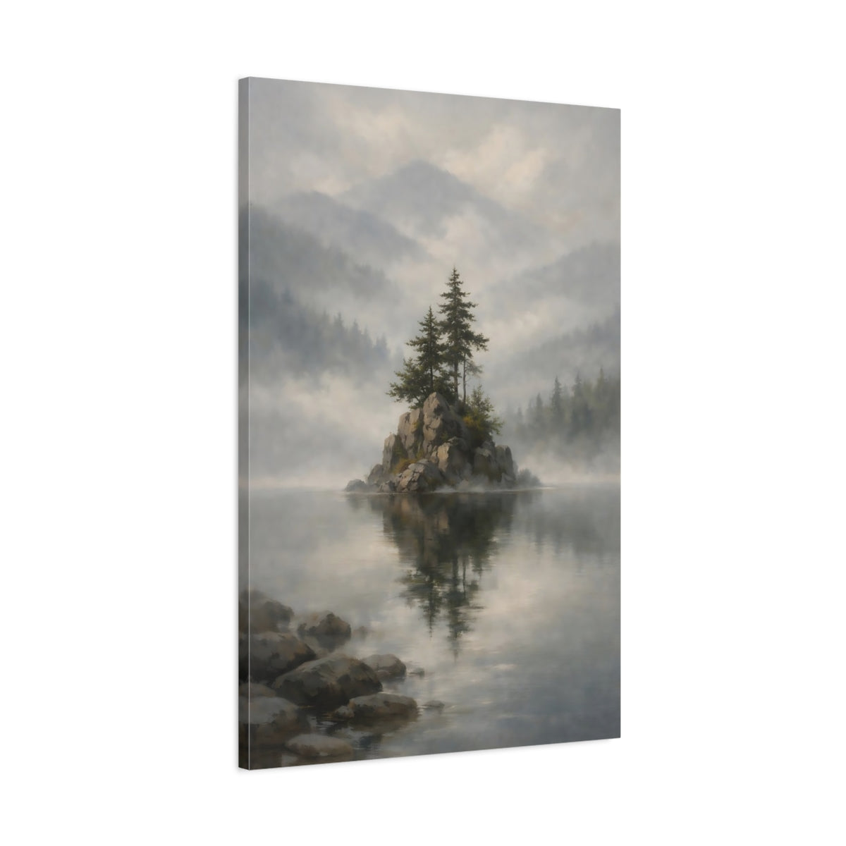 Side Mockup 1. Nature Pine Trees Misty Lake shown as stretched canvas wall art