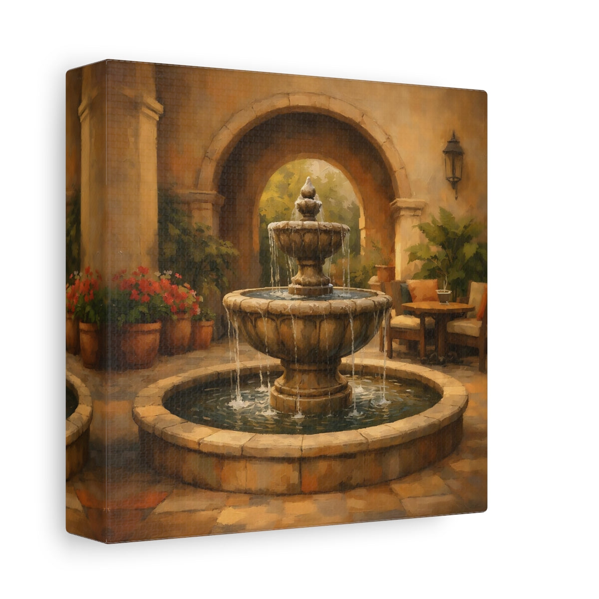 Side Mockup 1. Nature Fountain Fountain Courtyard shown as stretched canvas wall art