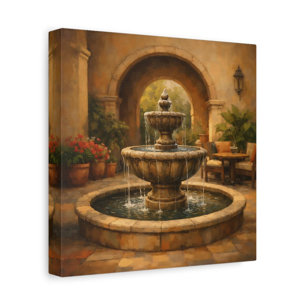 Side Mockup 9. Nature Fountain Fountain Courtyard shown as stretched canvas wall art