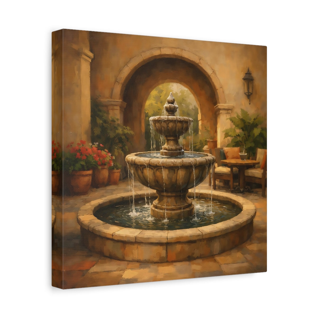 Side Mockup 8. Nature Fountain Fountain Courtyard shown as stretched canvas wall art