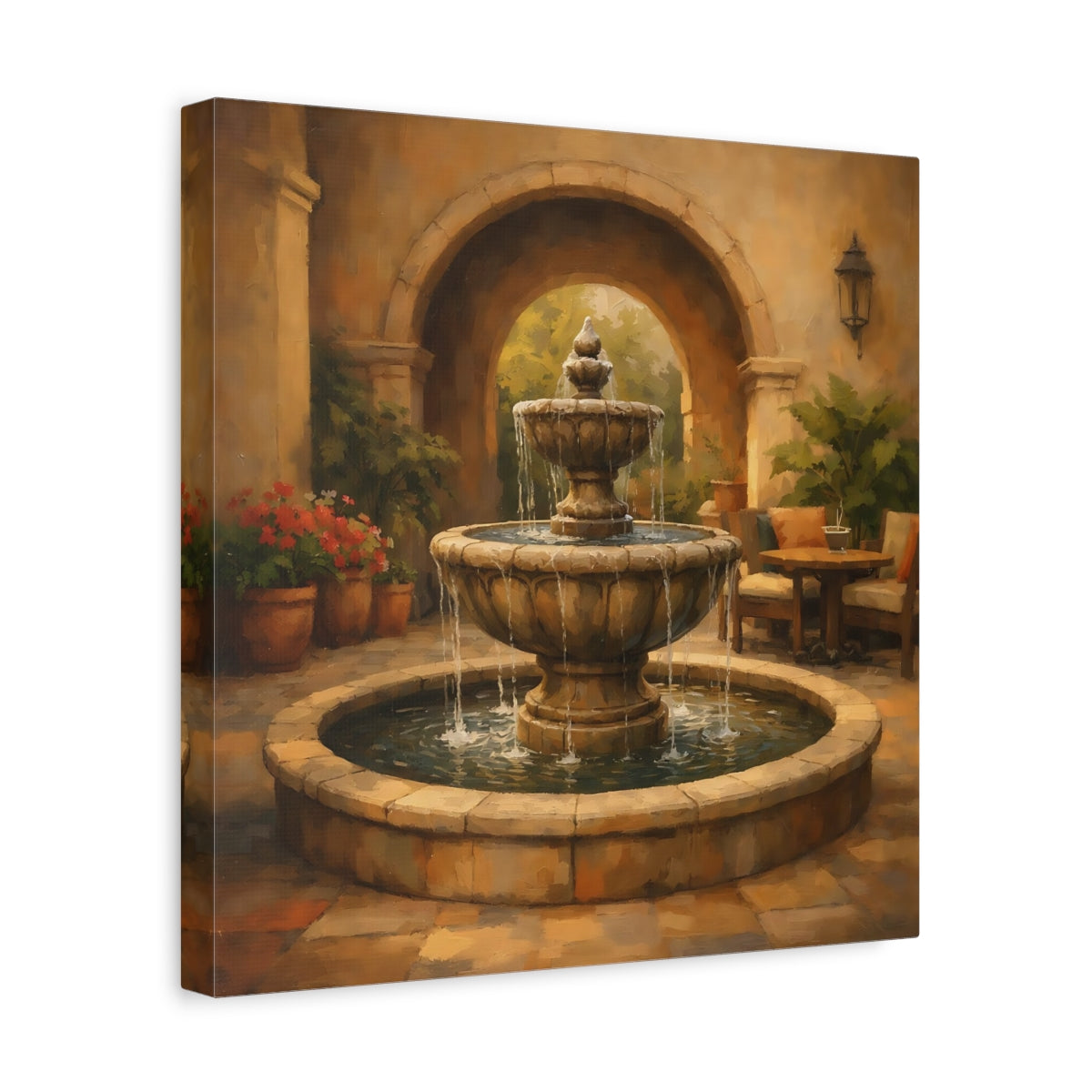 Side Mockup 7. Nature Fountain Fountain Courtyard shown as stretched canvas wall art