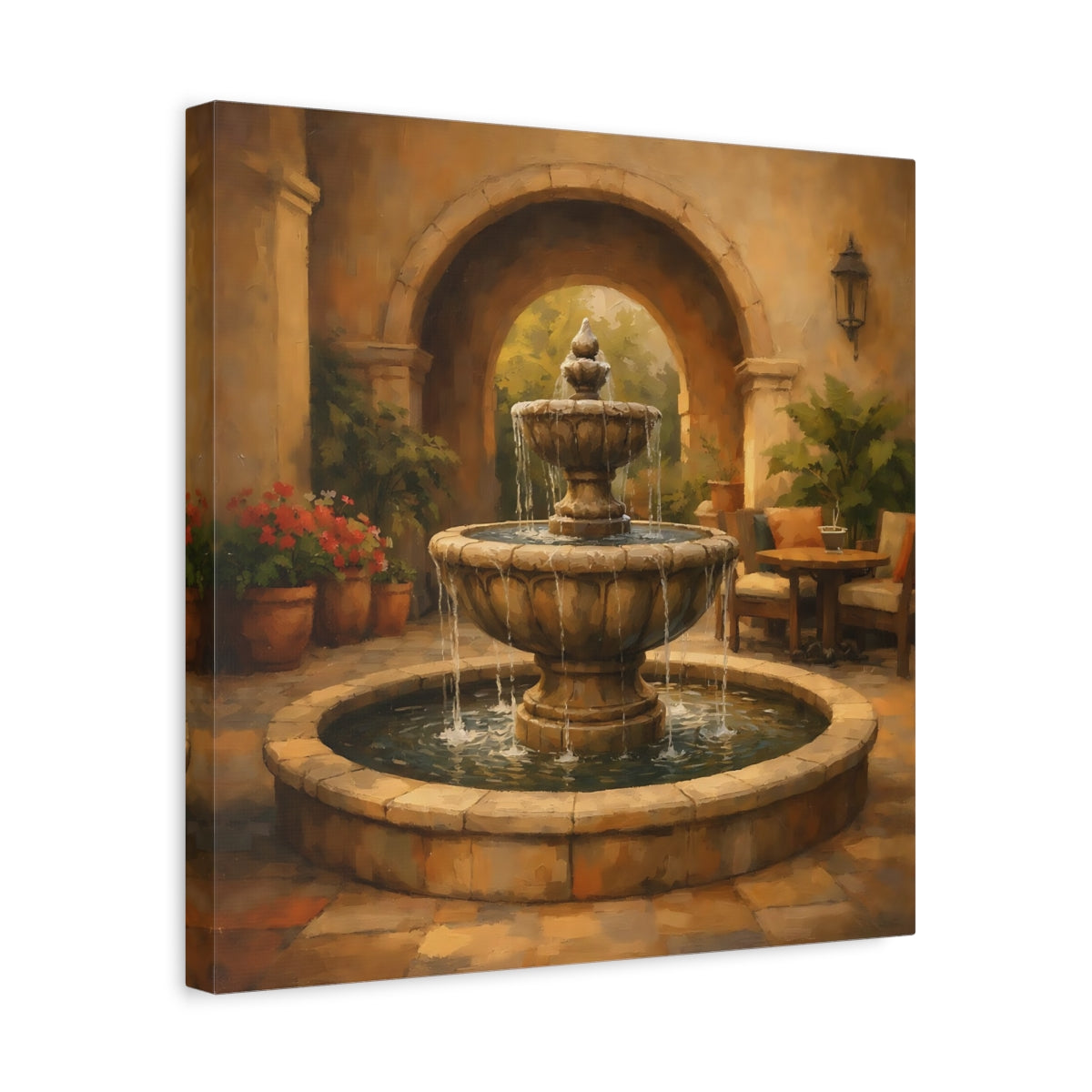 Side Mockup 6. Nature Fountain Fountain Courtyard shown as stretched canvas wall art