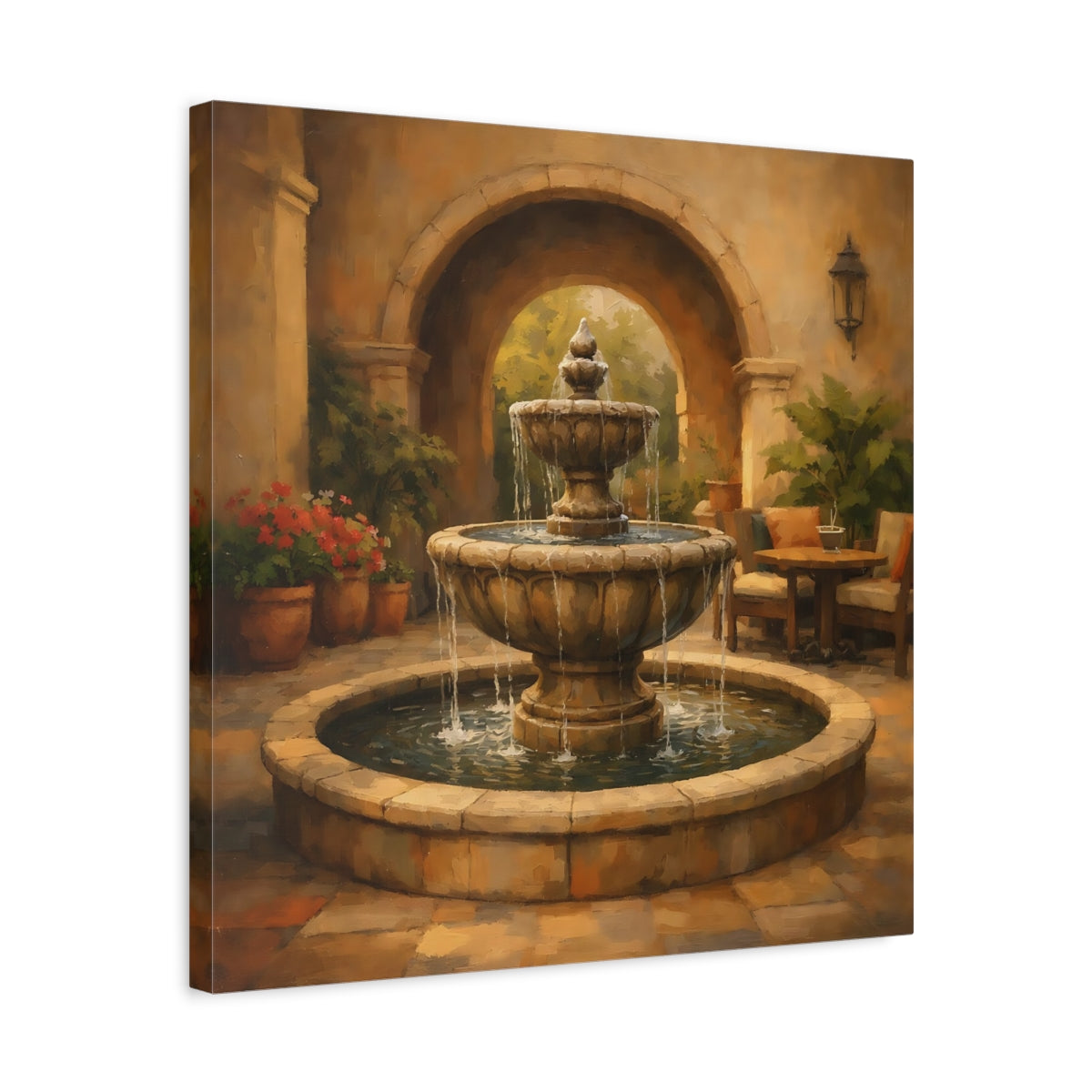 Side Mockup 5. Nature Fountain Fountain Courtyard shown as stretched canvas wall art