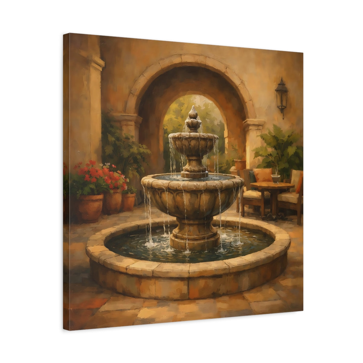 Side Mockup 4. Nature Fountain Fountain Courtyard shown as stretched canvas wall art