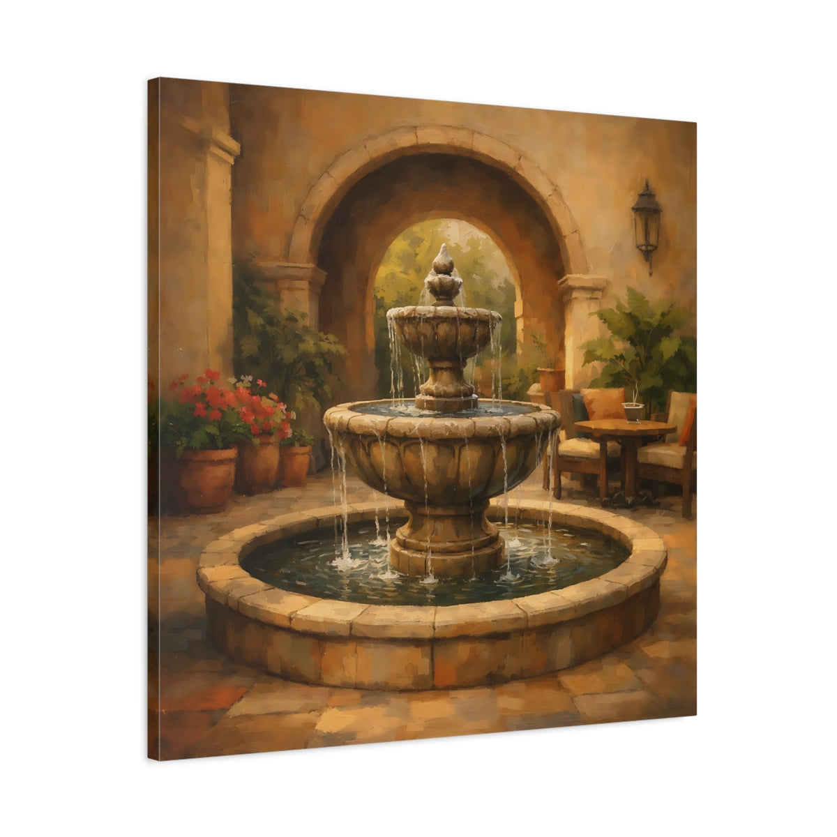Side Mockup 3. Nature Fountain Fountain Courtyard shown as stretched canvas wall art
