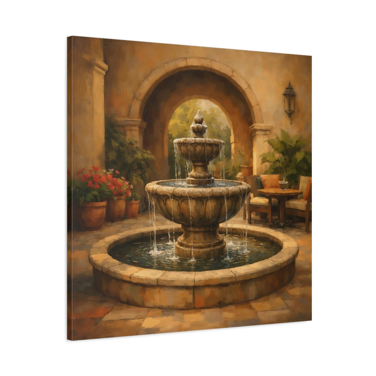 Side Mockup 2. Nature Fountain Fountain Courtyard shown as stretched canvas wall art