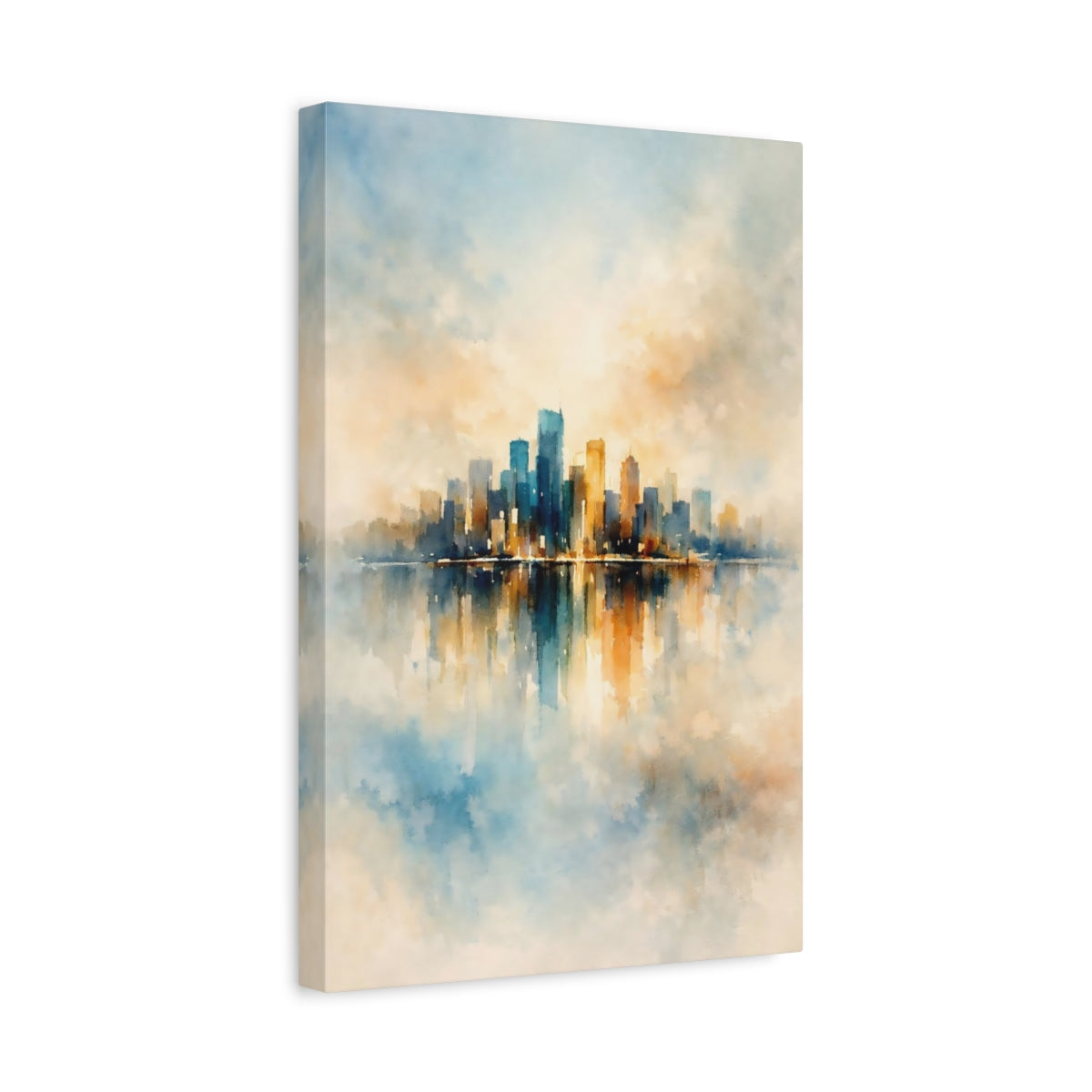 Side Mockup 4. Abstract City Skyline Blue Orange Cityscape shown as stretched canvas wall art