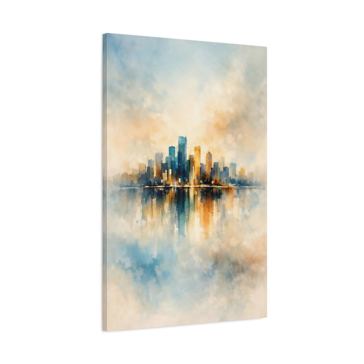 Side Mockup 1. Abstract City Skyline Blue Orange Cityscape shown as stretched canvas wall art
