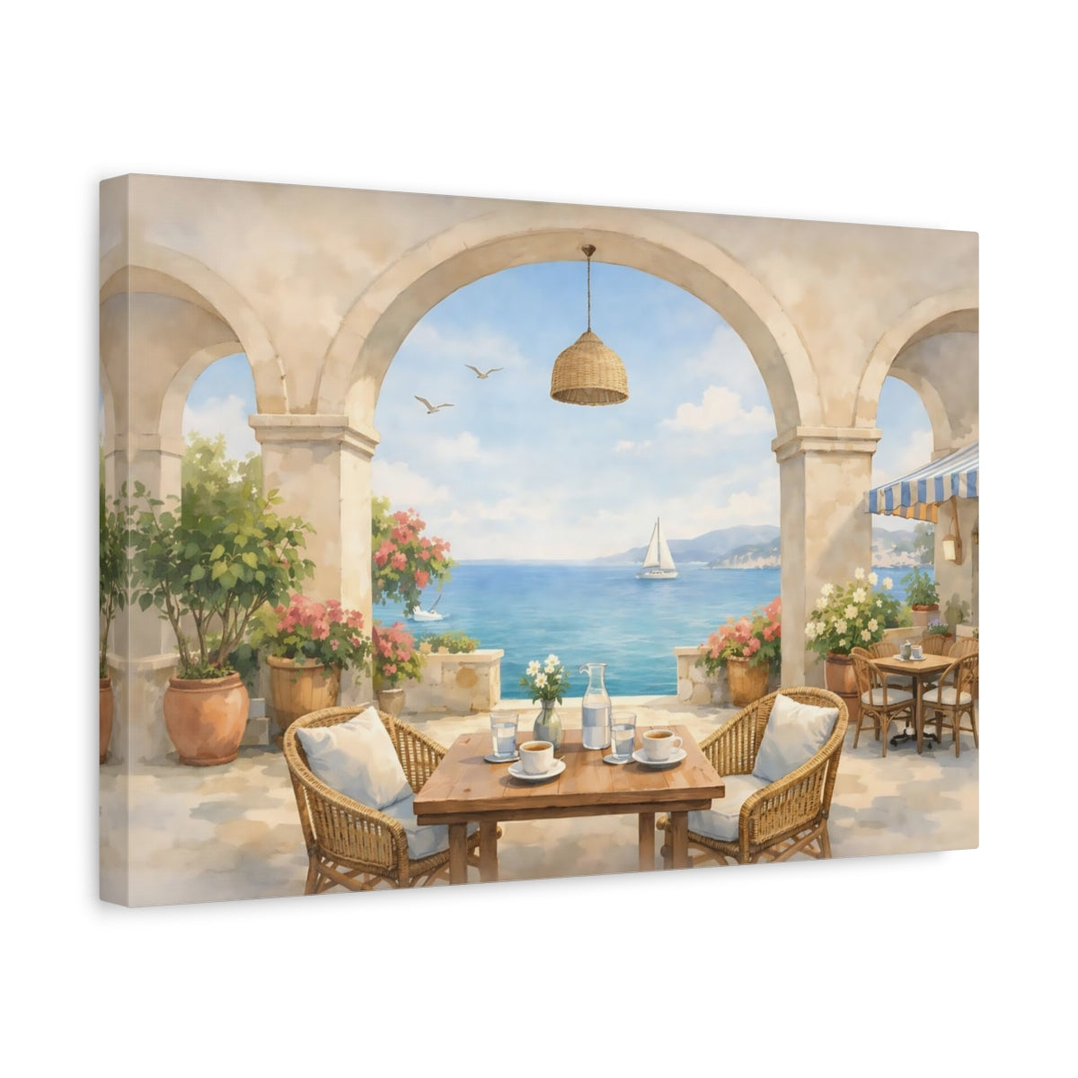 Side Mockup 4. Watercolor Seaside Cafe Arch shown as stretched canvas wall art