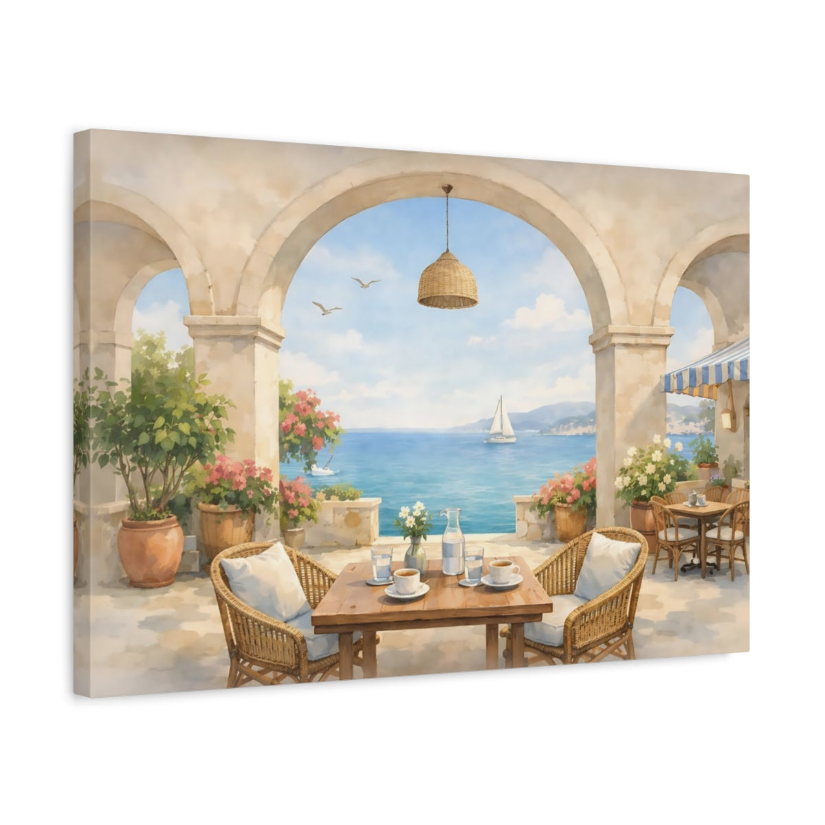 Side Mockup 3. Watercolor Seaside Cafe Arch shown as stretched canvas wall art