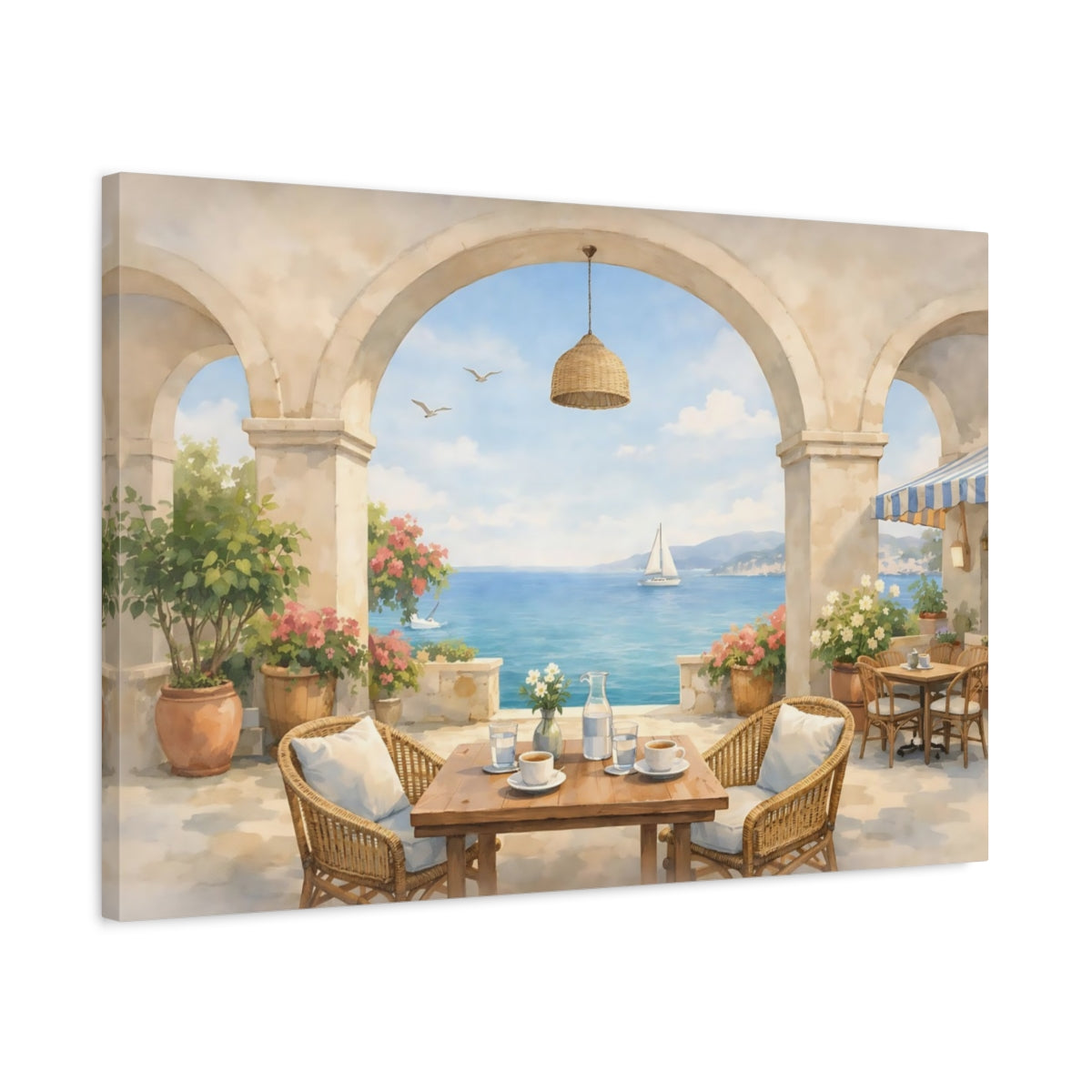 Side Mockup 2. Watercolor Seaside Cafe Arch shown as stretched canvas wall art