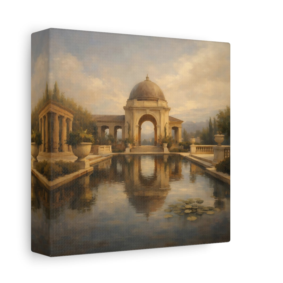 Side Mockup 1. Vintage Classical Gazebo Muted Gold Blue shown as stretched canvas wall art