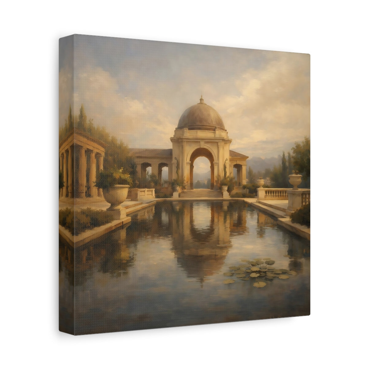 Side Mockup 9. Vintage Classical Gazebo Muted Gold Blue shown as stretched canvas wall art