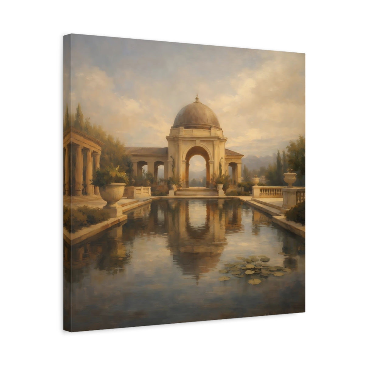 Side Mockup 5. Vintage Classical Gazebo Muted Gold Blue shown as stretched canvas wall art