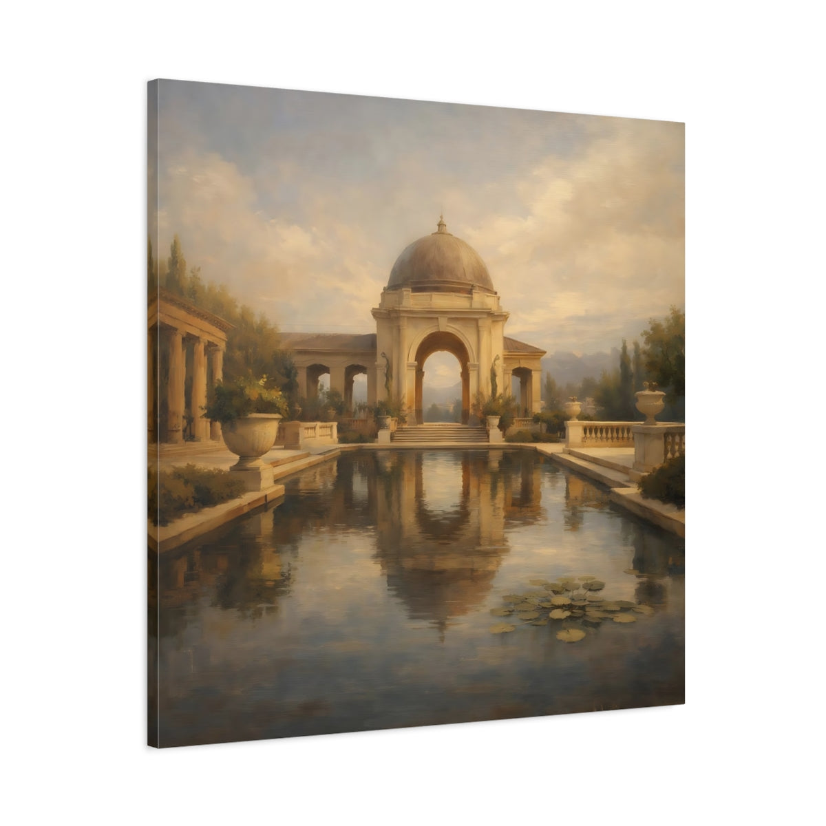 Side Mockup 2. Vintage Classical Gazebo Muted Gold Blue shown as stretched canvas wall art