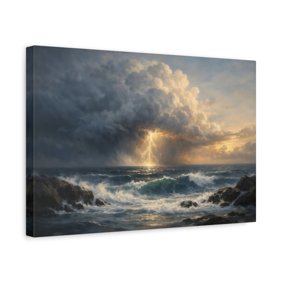 Side Mockup 4. Ocean Storm Front Cinematic Horizon shown as stretched canvas wall art