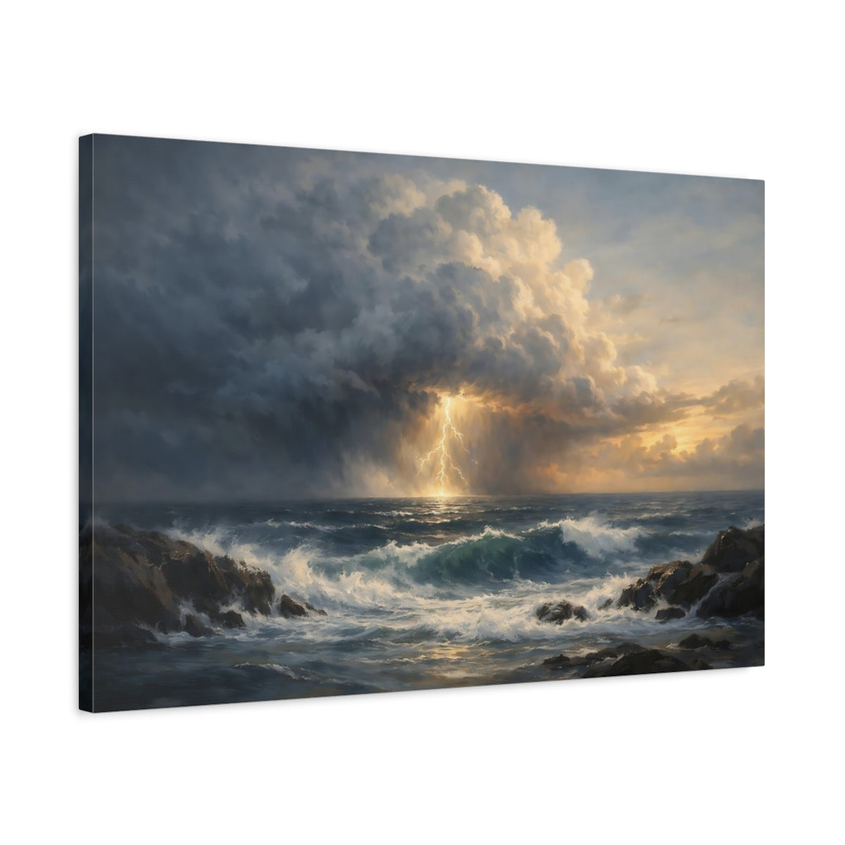 Side Mockup 2. Ocean Storm Front Cinematic Horizon shown as stretched canvas wall art