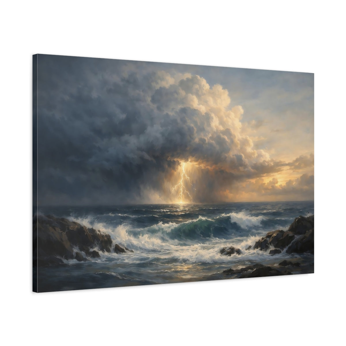 Side Mockup 1. Ocean Storm Front Cinematic Horizon shown as stretched canvas wall art