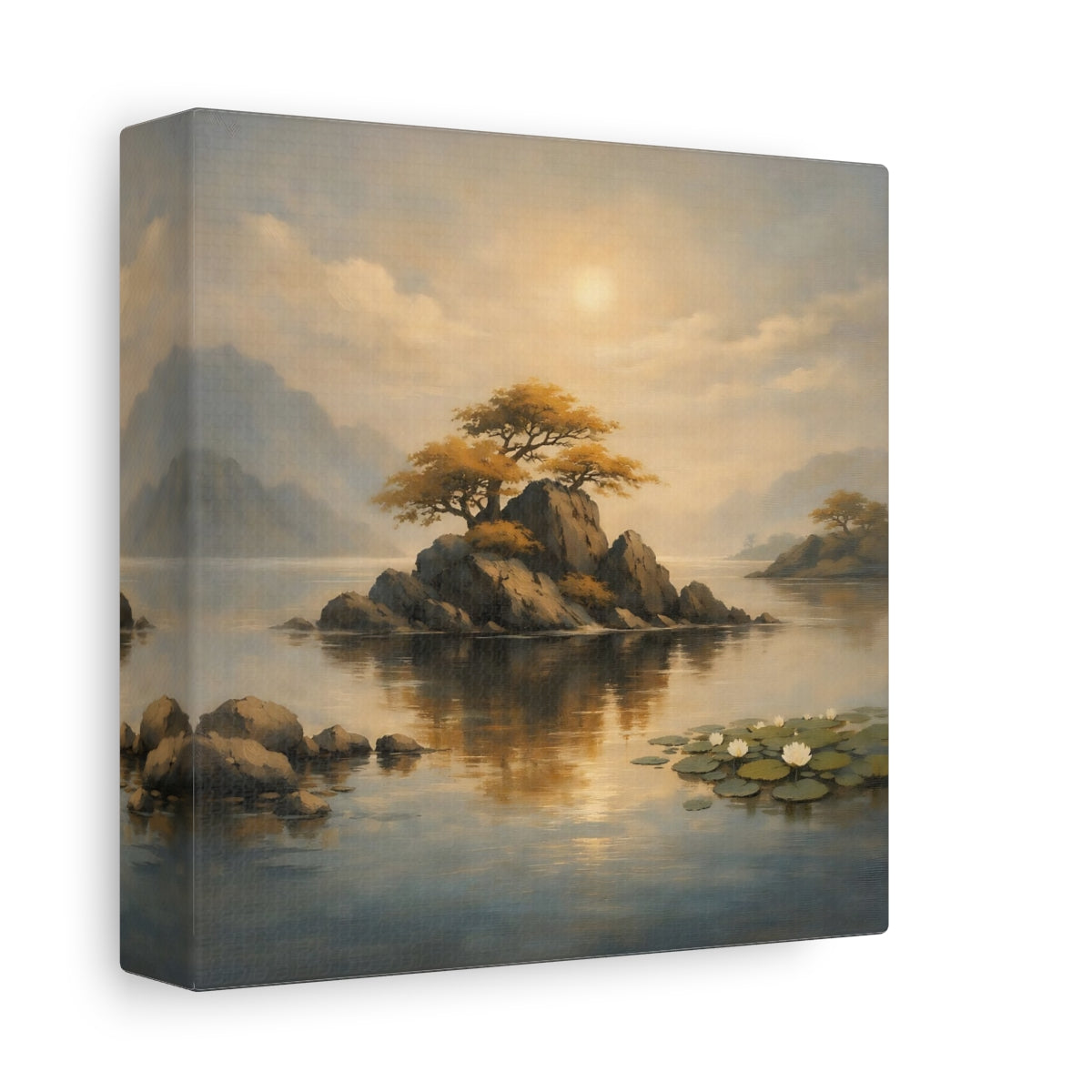 Side Mockup 1. Nature Rocky Island Golden Landscape shown as stretched canvas wall art