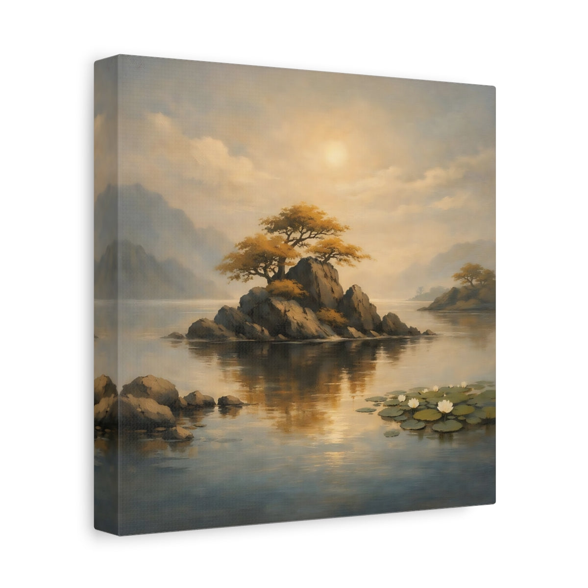 Side Mockup 9. Nature Rocky Island Golden Landscape shown as stretched canvas wall art