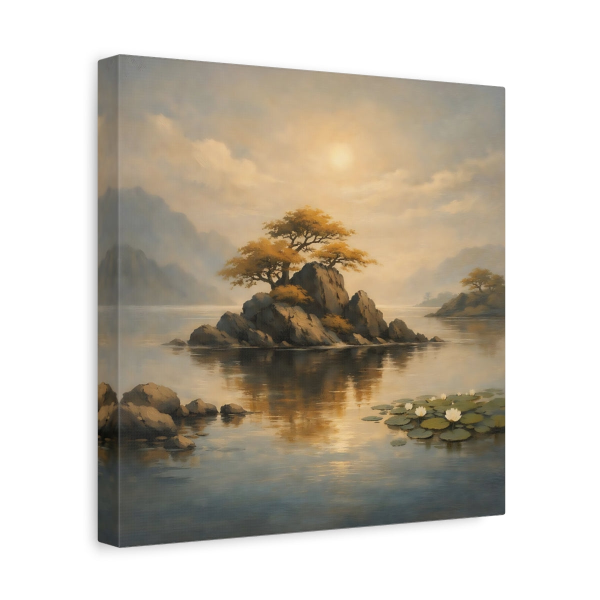 Side Mockup 8. Nature Rocky Island Golden Landscape shown as stretched canvas wall art