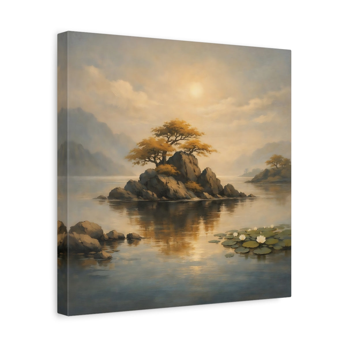 Side Mockup 7. Nature Rocky Island Golden Landscape shown as stretched canvas wall art