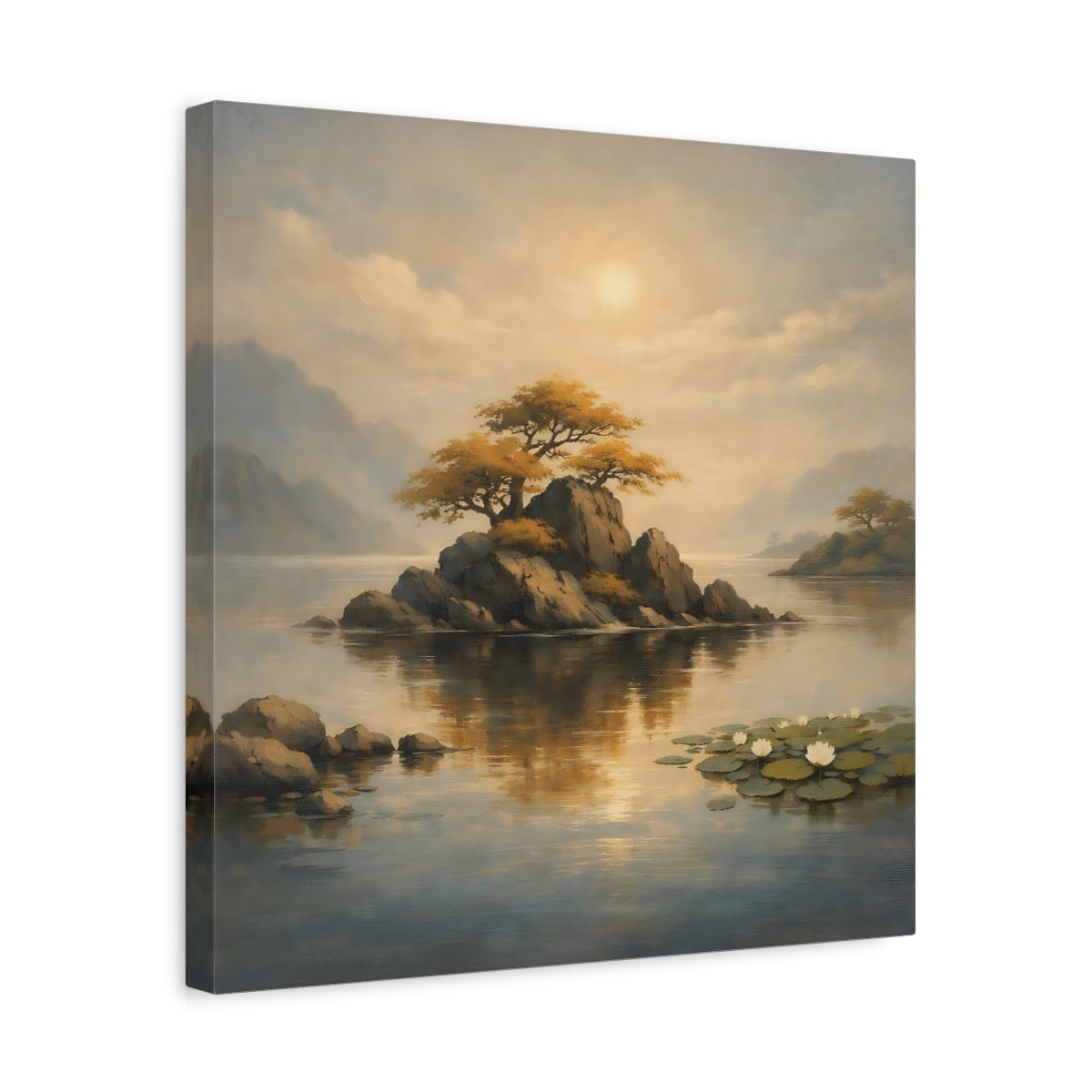Side Mockup 6. Nature Rocky Island Golden Landscape shown as stretched canvas wall art
