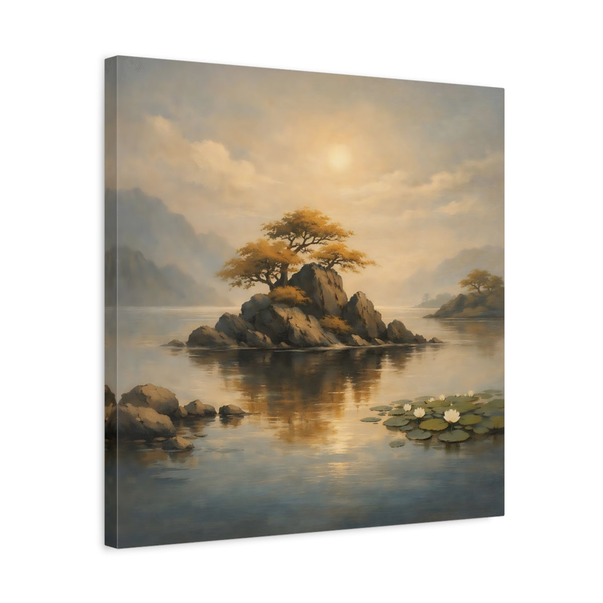 Side Mockup 5. Nature Rocky Island Golden Landscape shown as stretched canvas wall art