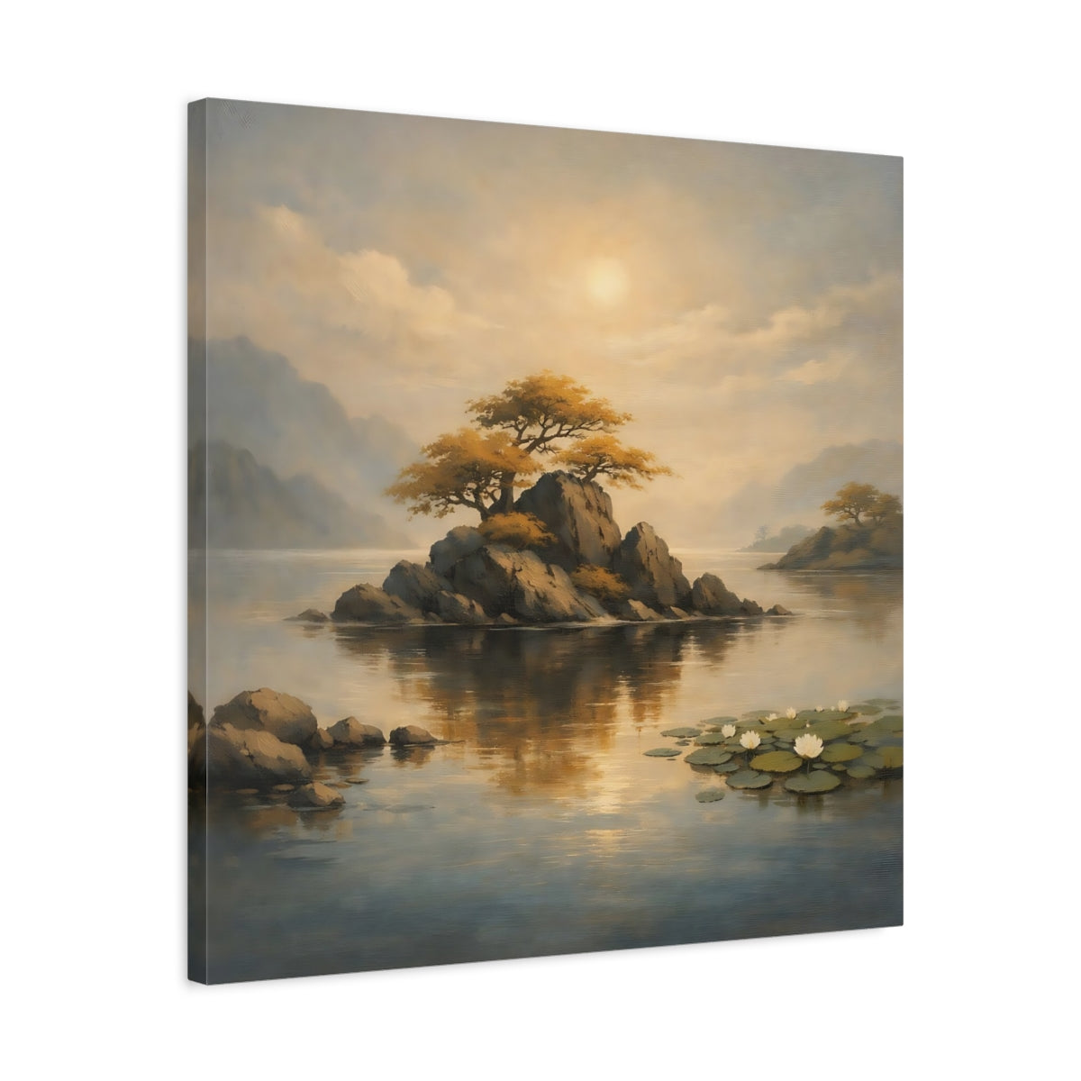 Side Mockup 4. Nature Rocky Island Golden Landscape shown as stretched canvas wall art
