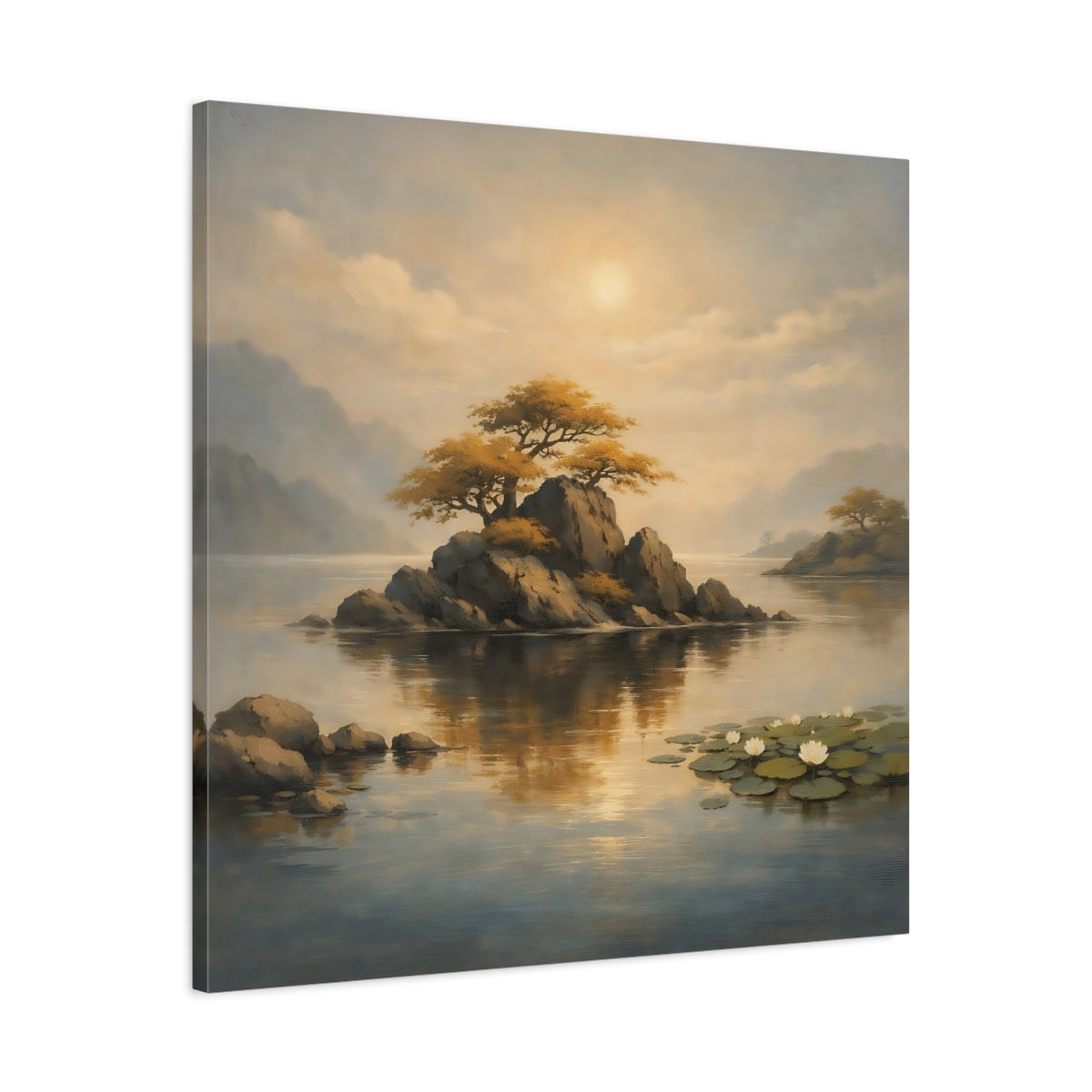 Side Mockup 3. Nature Rocky Island Golden Landscape shown as stretched canvas wall art