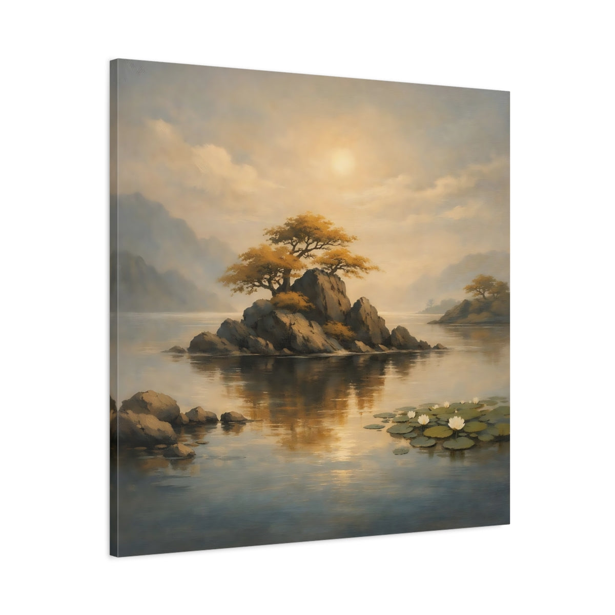 Side Mockup 2. Nature Rocky Island Golden Landscape shown as stretched canvas wall art