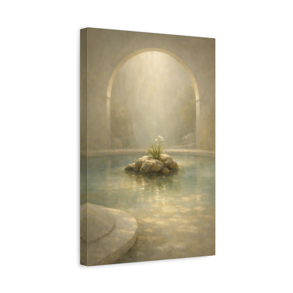 Side Mockup 4. Nature Water Garden Serene Beige shown as stretched canvas wall art