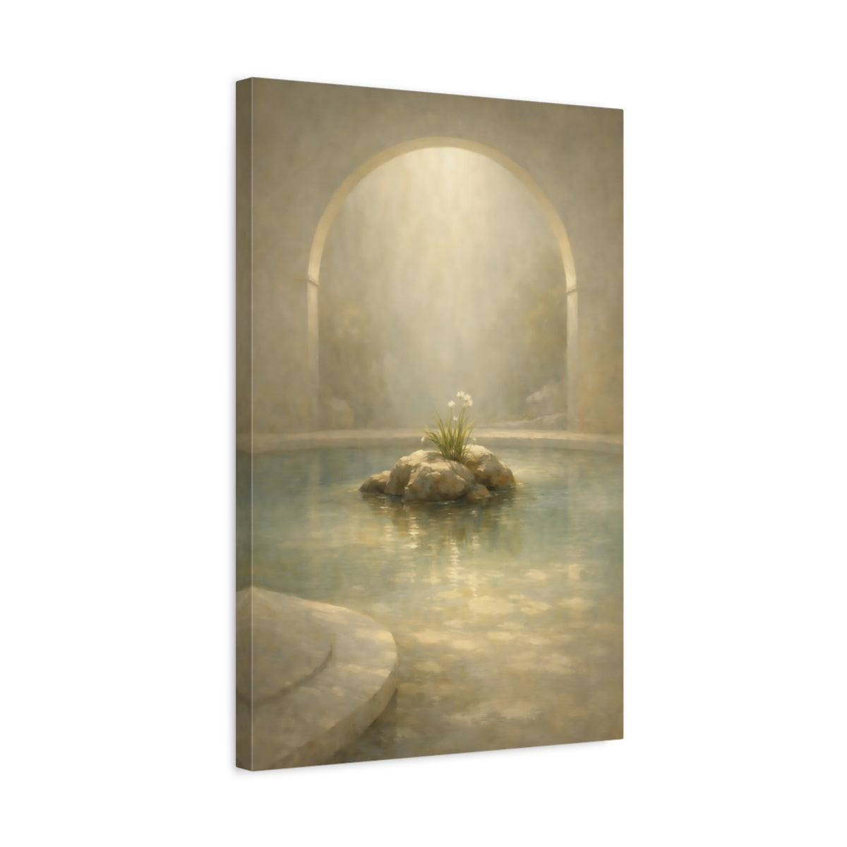 Side Mockup 3. Nature Water Garden Serene Beige shown as stretched canvas wall art