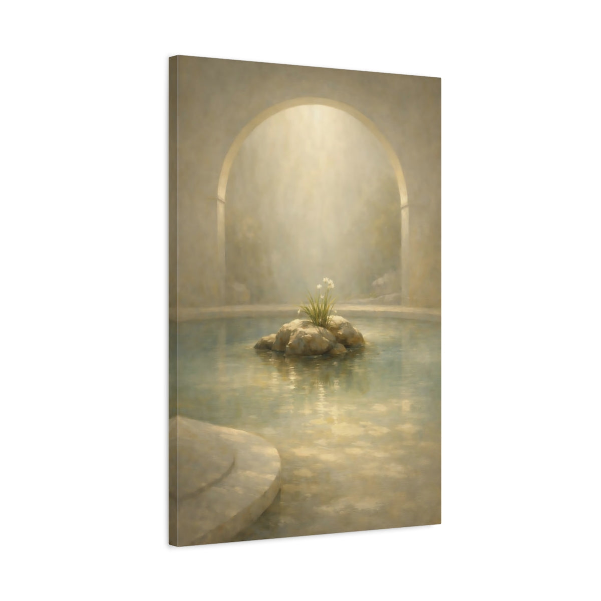 Side Mockup 2. Nature Water Garden Serene Beige shown as stretched canvas wall art