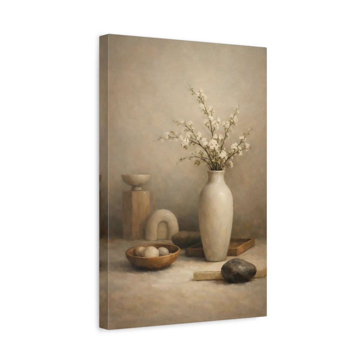 Side Mockup 4. Nature Flowering Branches Neutral Still Life shown as stretched canvas wall art